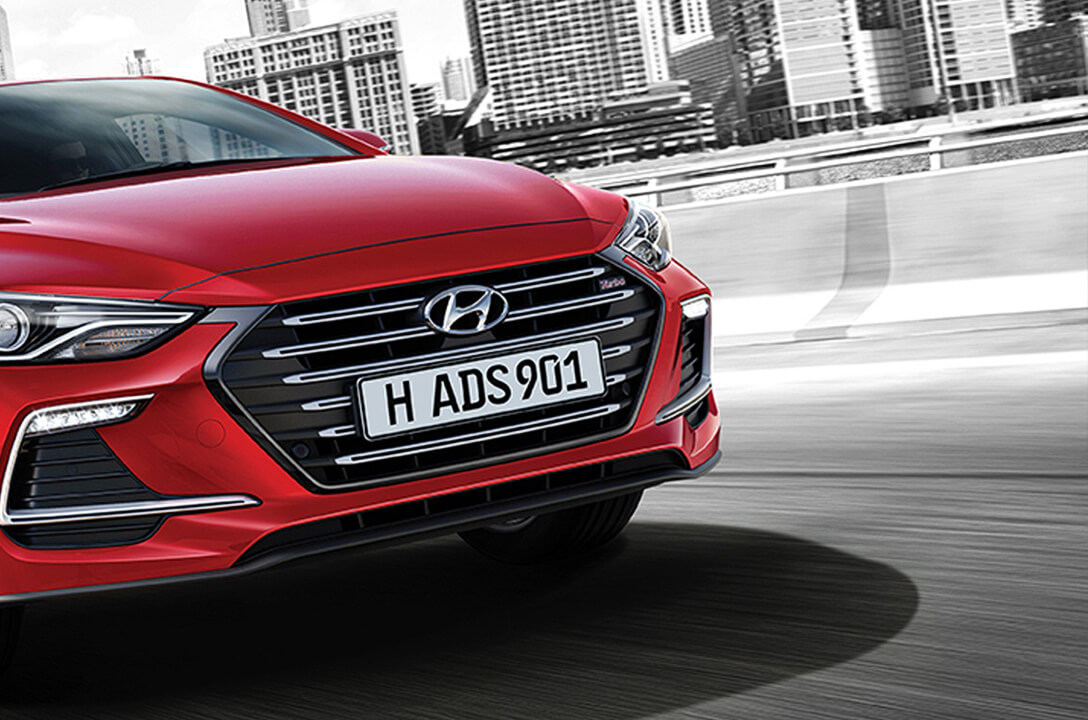 Front view of red Elantra Sport